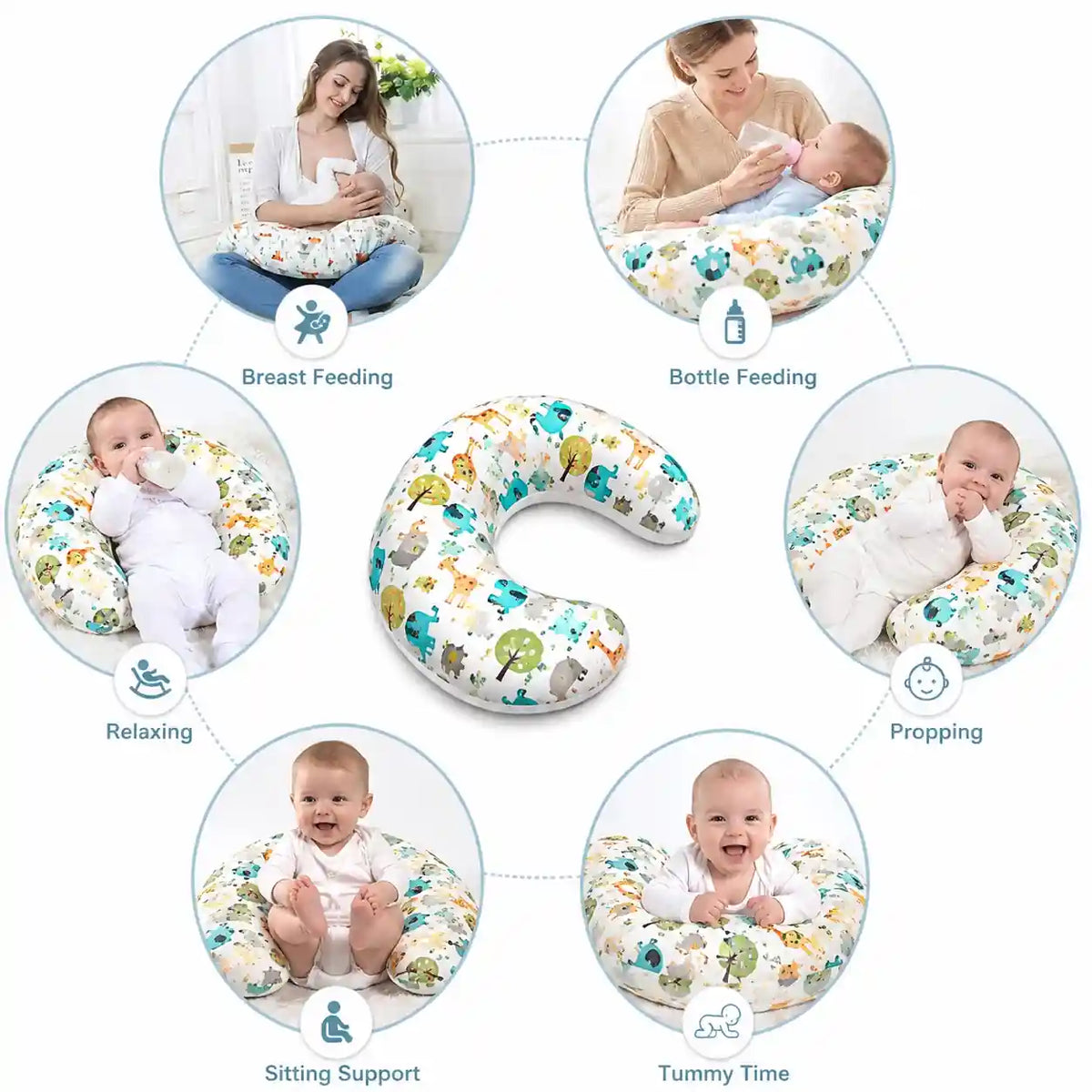 Nursing feeding pillow shown for breastfeeding, bottle feeding, relaxing, propping, sitting support and tummy time