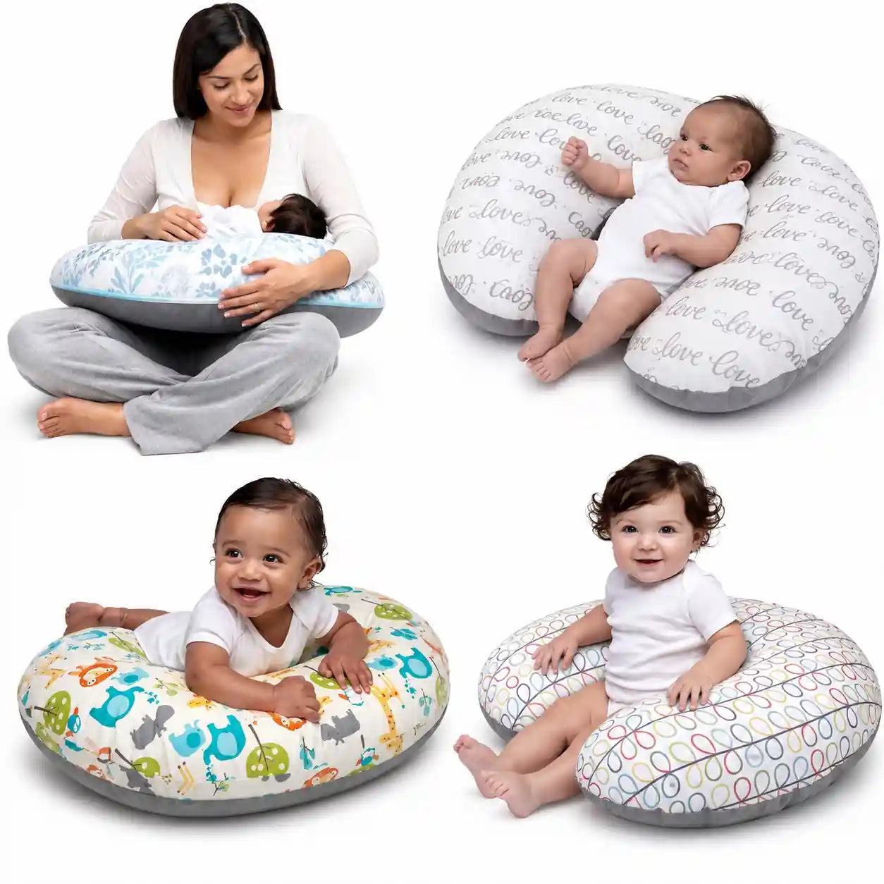 Nursing and feeding pillow shown for breastfeeding, baby lounging, tummy time and sitting support