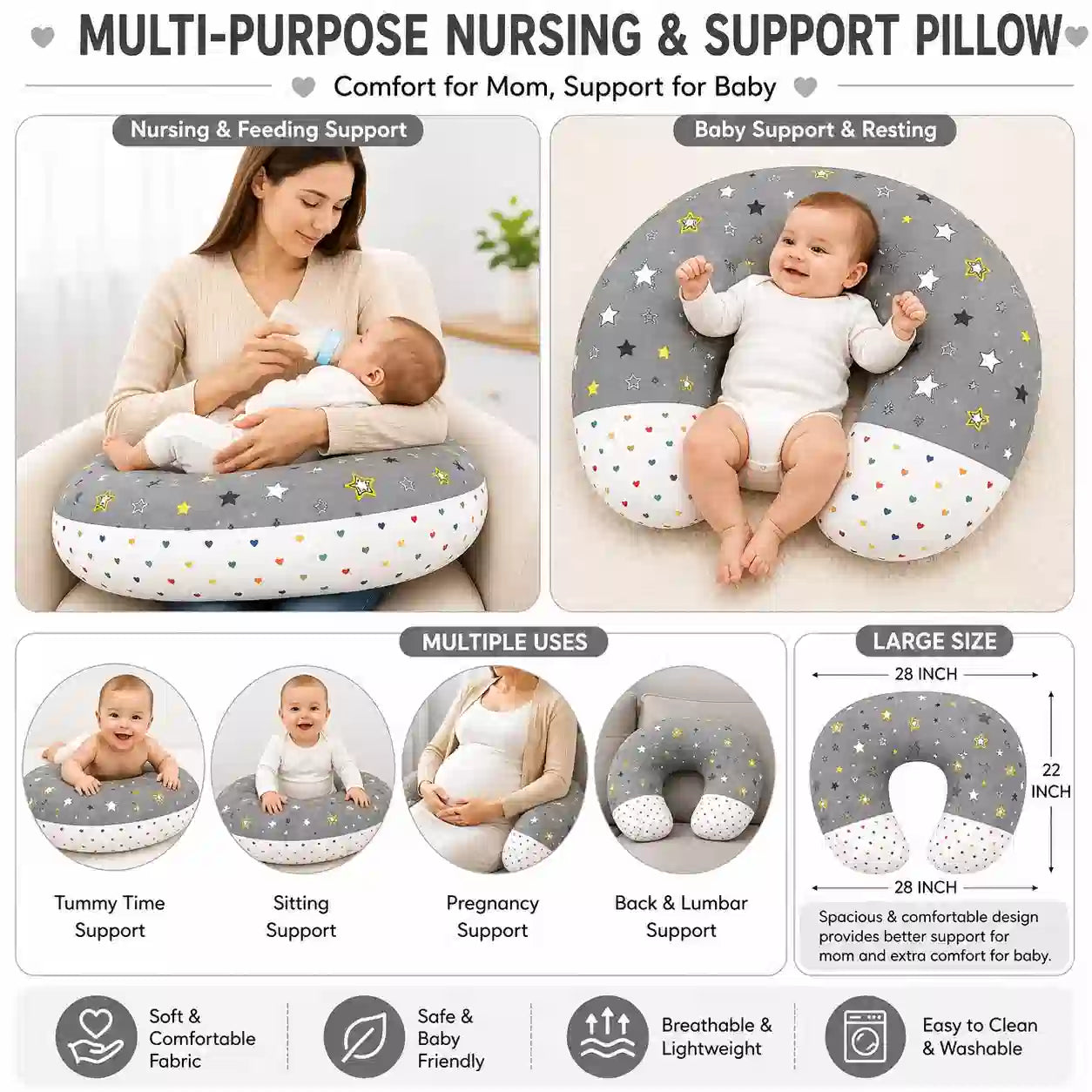 Grey multi-purpose baby nursing support pillow 28x22 inch for feeding tummy time and sitting