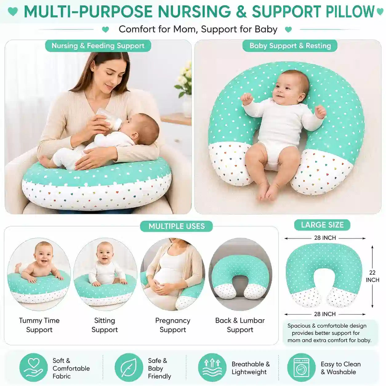 Green polka dot multi-purpose baby nursing pillow 28x22 inch for feeding tummy time and sitting