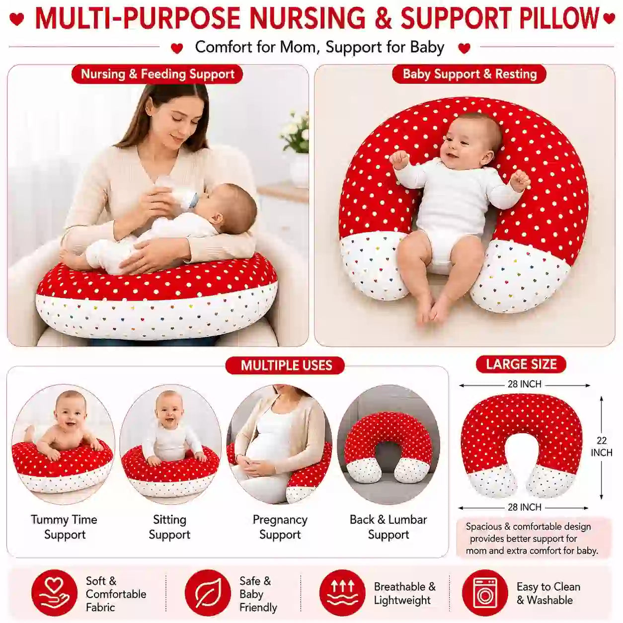 Red polka dot multi-purpose baby nursing pillow 28x22 inch for feeding tummy time and sitting