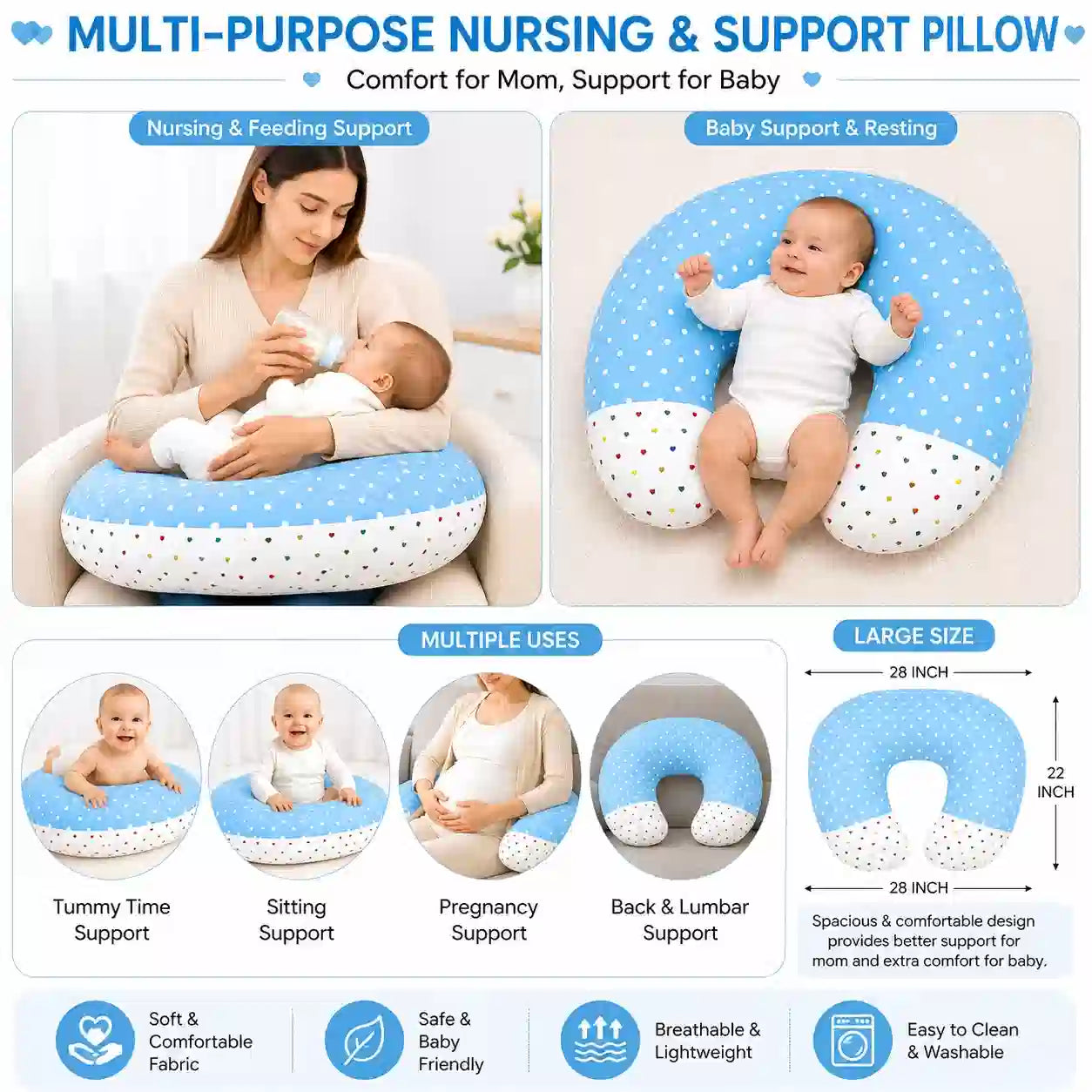 Sky blue polka dot multi-purpose baby nursing pillow 28x22 inch for feeding tummy time and sitting