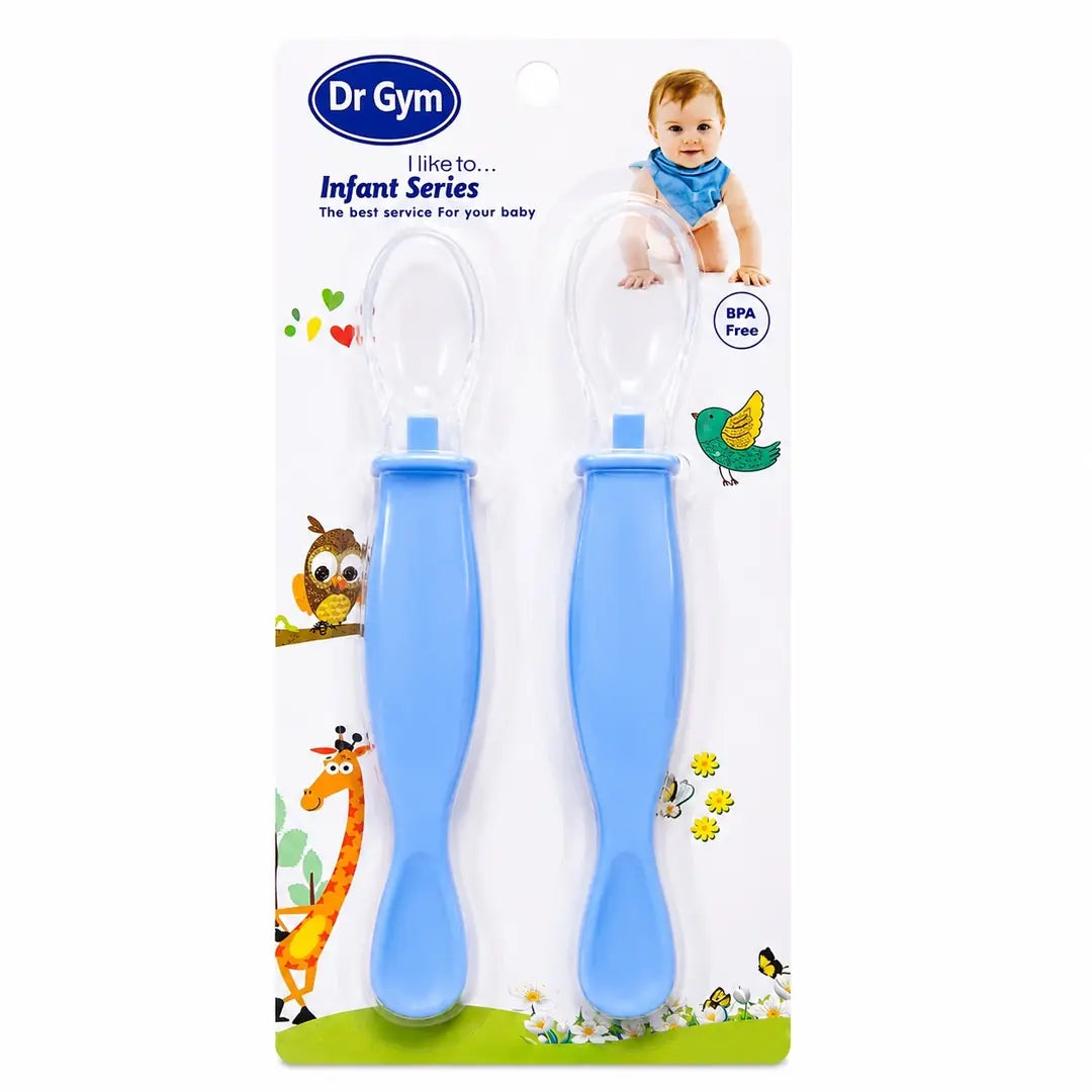 Pack of 2 blue soft silicone baby feeding spoons with ergonomic handles