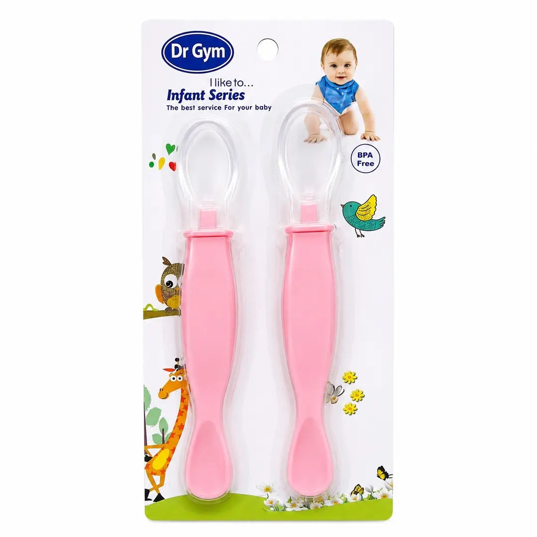 Pack of 2 pink soft silicone baby feeding spoons for babies aged 4+ months