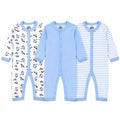 Pack of 3 full sleeve baby rompers in printed, solid sky blue and striped sky blue designs with front snap button closure
