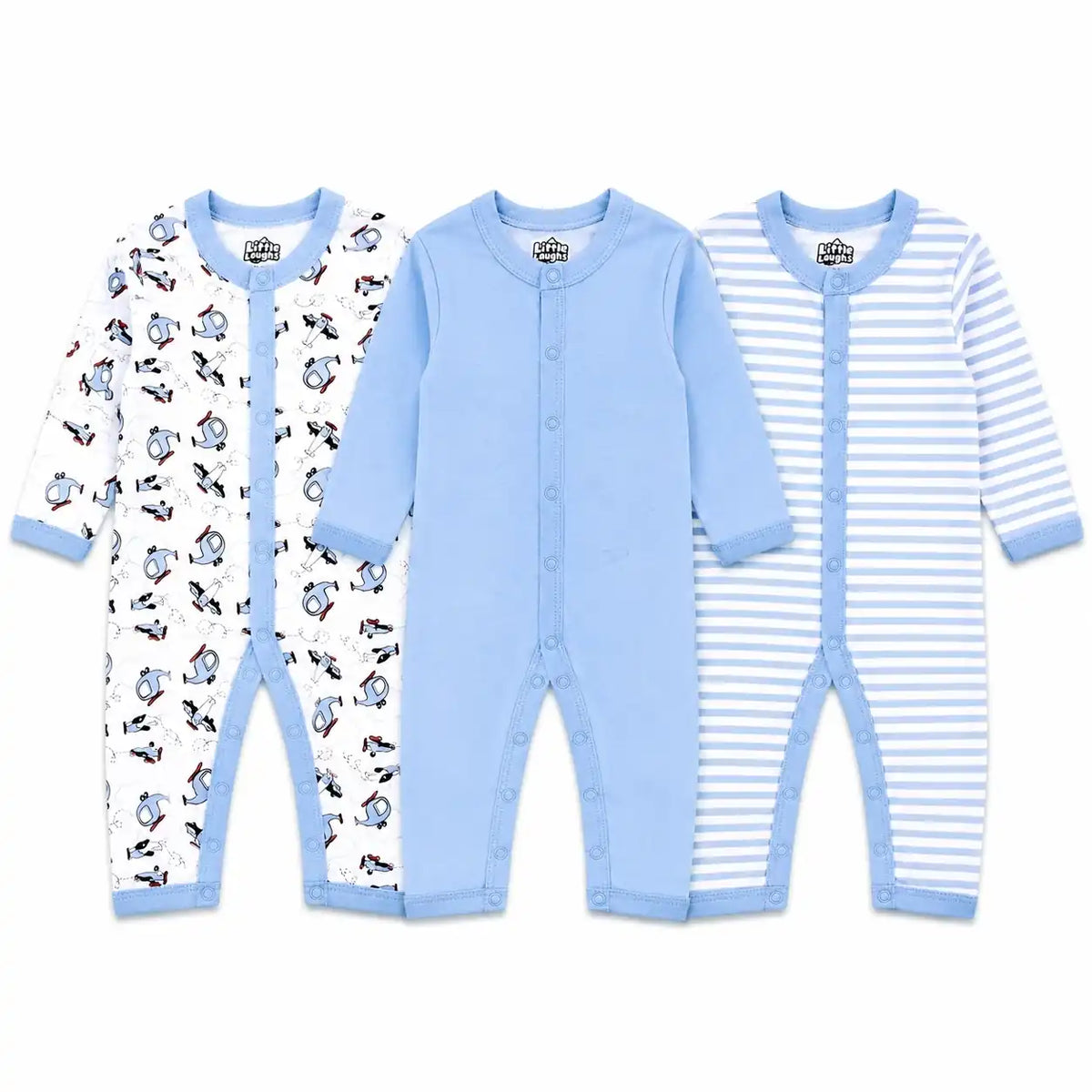 Pack of 3 full sleeve baby rompers in printed, solid sky blue and striped sky blue designs with front snap button closure
