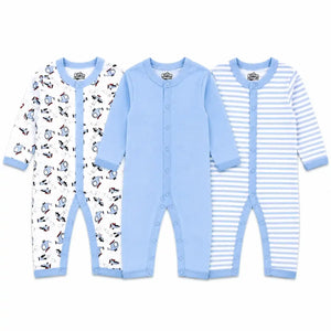 Pack of 3 full sleeve baby rompers in printed, solid sky blue and striped sky blue designs with front snap button closure