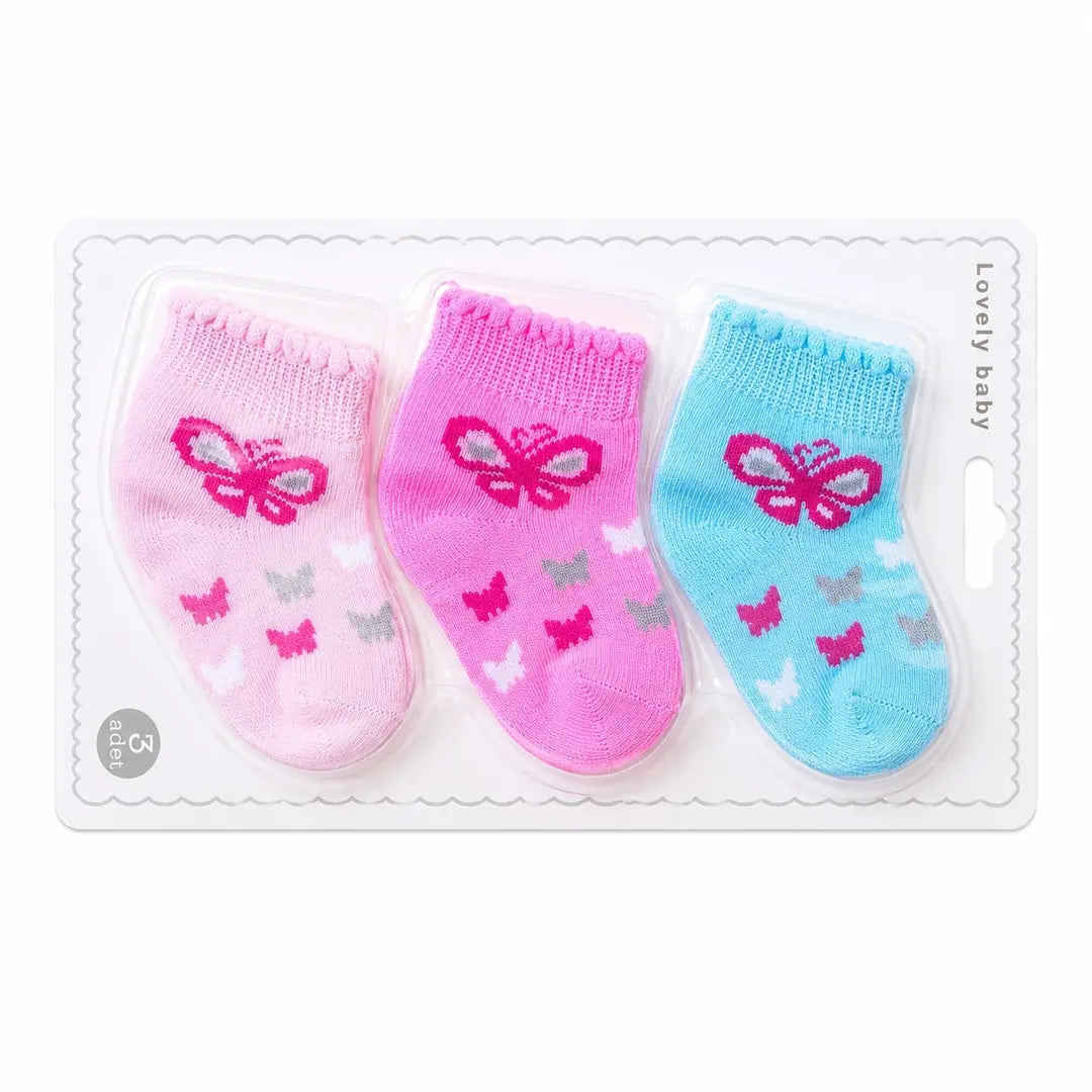 Pack of 3 butterfly cotton socks for baby girls in light pink, dark pink and sky blue