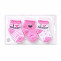 Pack of 3 pink and white Mummy Daddy heart cotton socks for baby girls aged 0–6 months