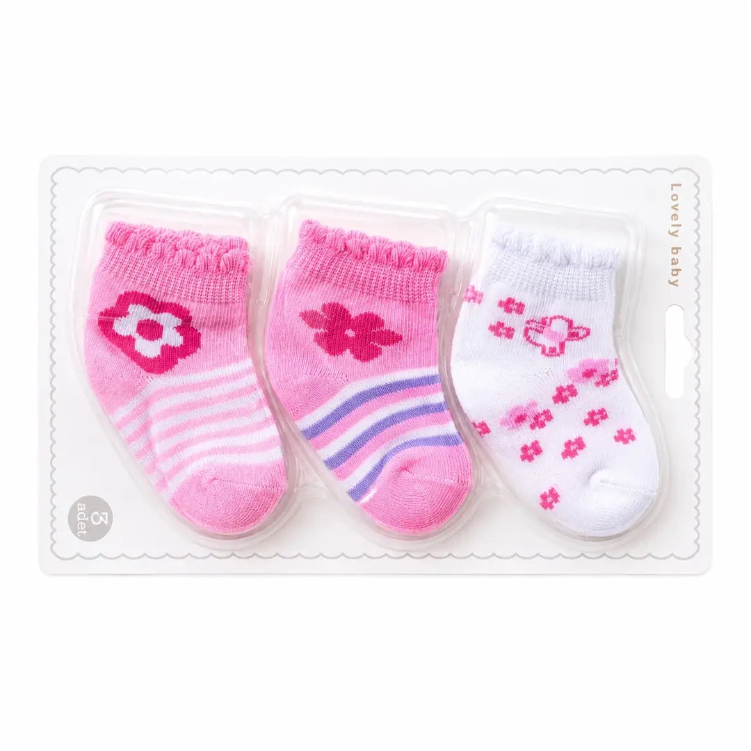 Pack of 3 pink and white floral cotton socks for baby girls aged 0–6 months