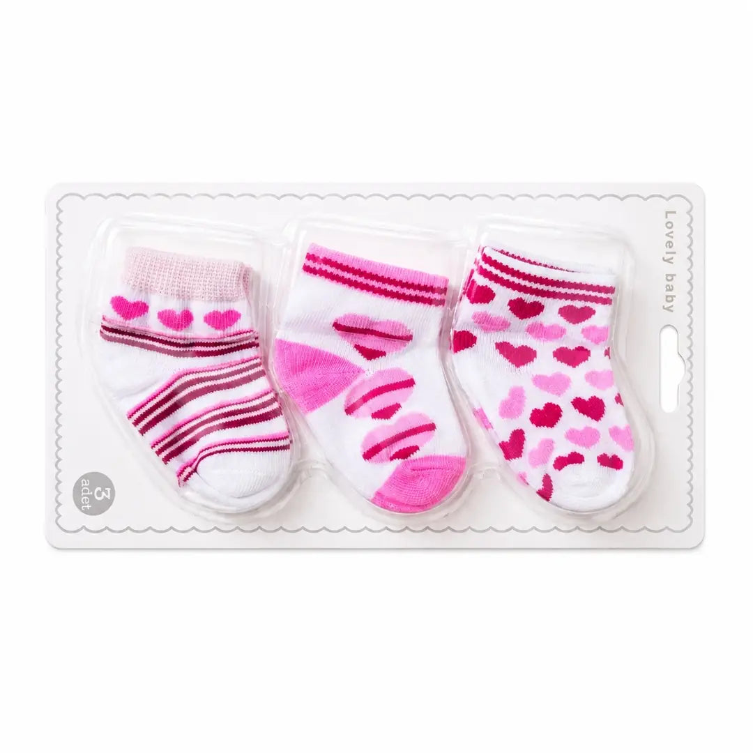 Pack of 3 white and pink heart-design cotton socks for baby girls aged 0–6 months