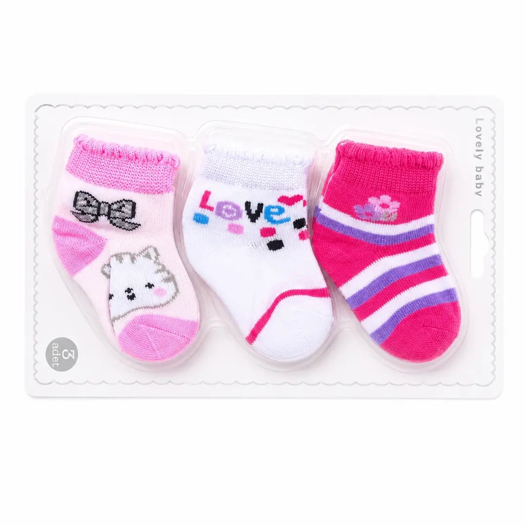 Pack of 3 pink, white and purple cotton socks for baby girls with love and cartoon designs