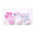 Pack of 3 pastel striped cotton socks for baby girls aged 0–6 months in white, pink and green