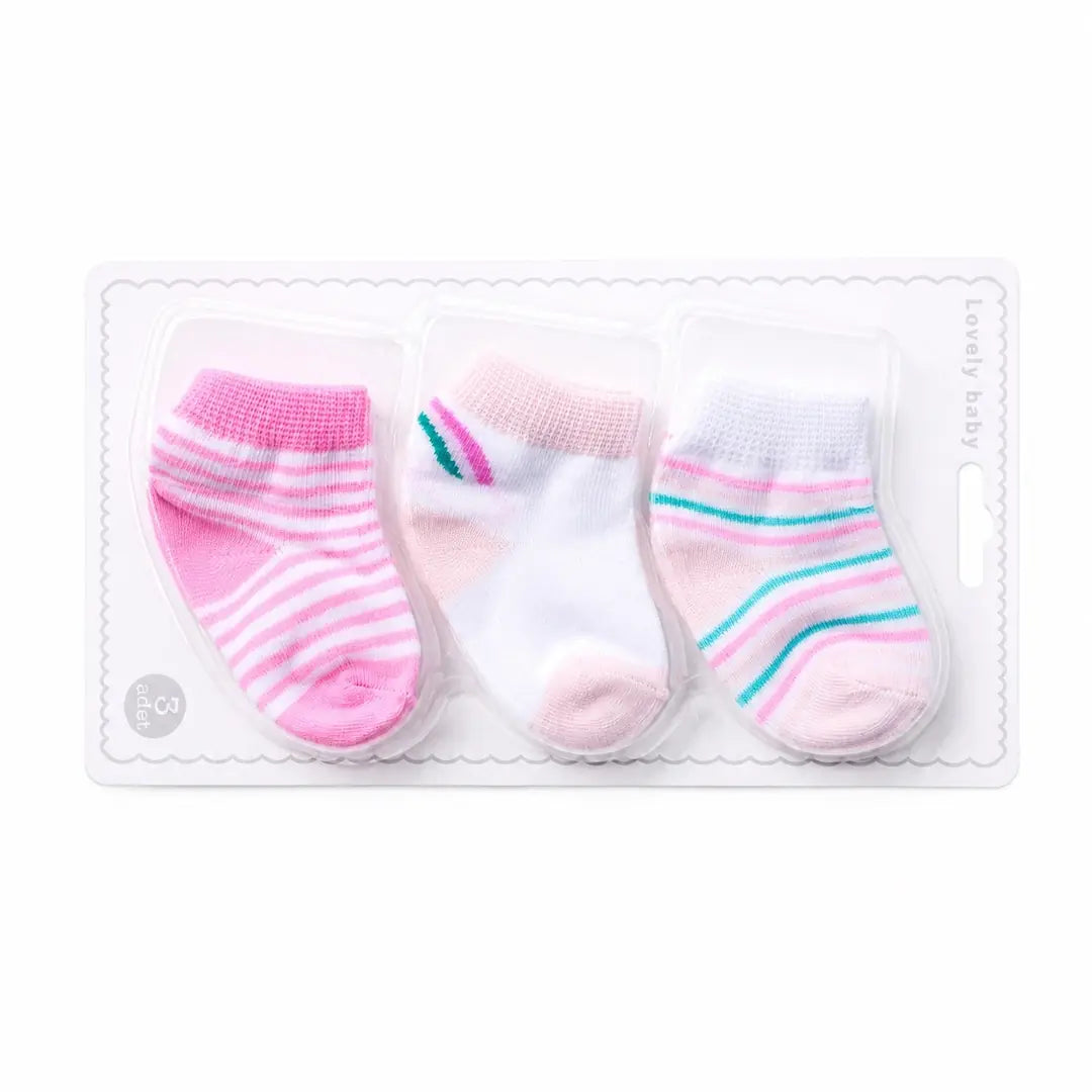 Pack of 3 pastel striped cotton socks for baby girls aged 0–6 months in white, pink and green