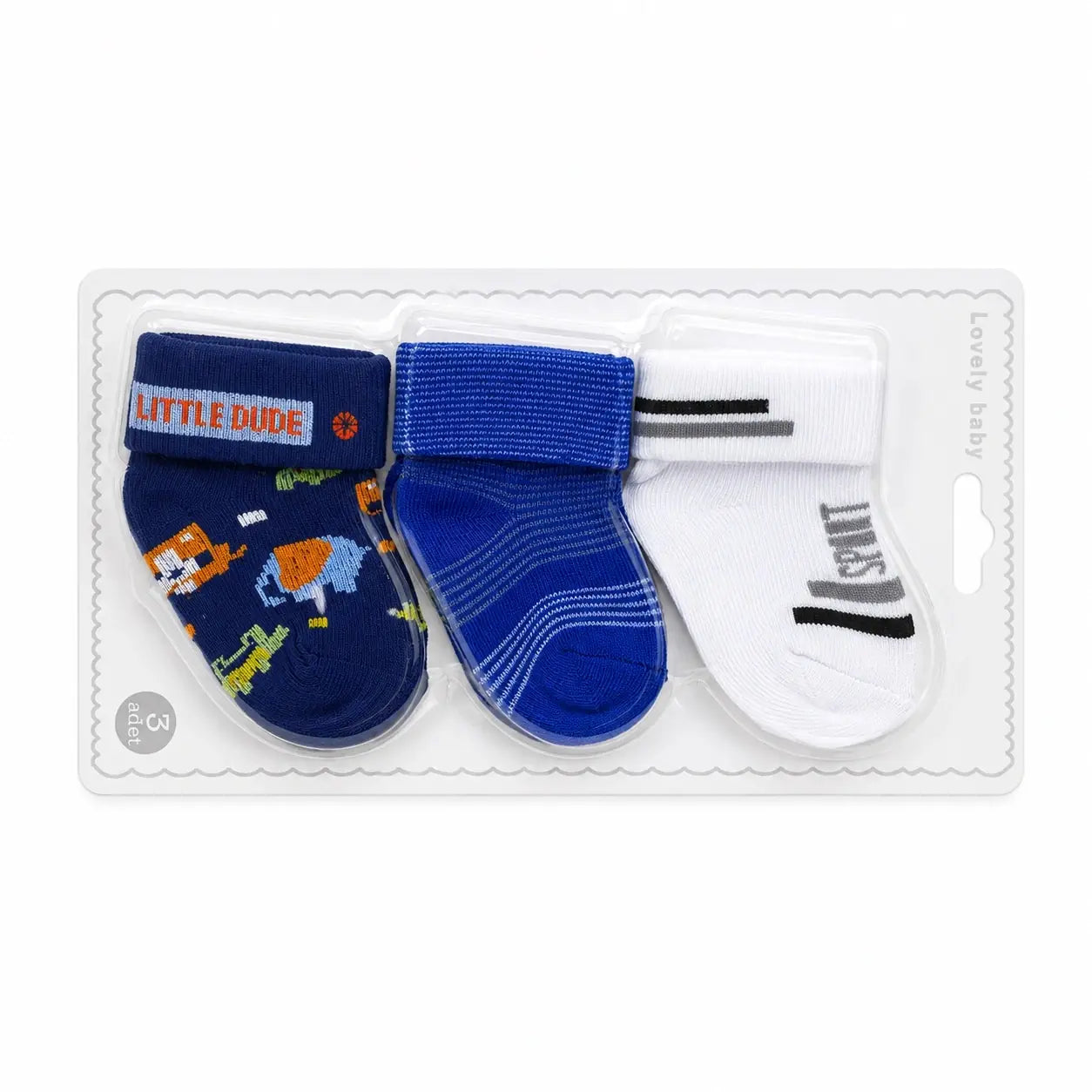 Pack of 3 baby boys cotton socks in assorted blue and white designs