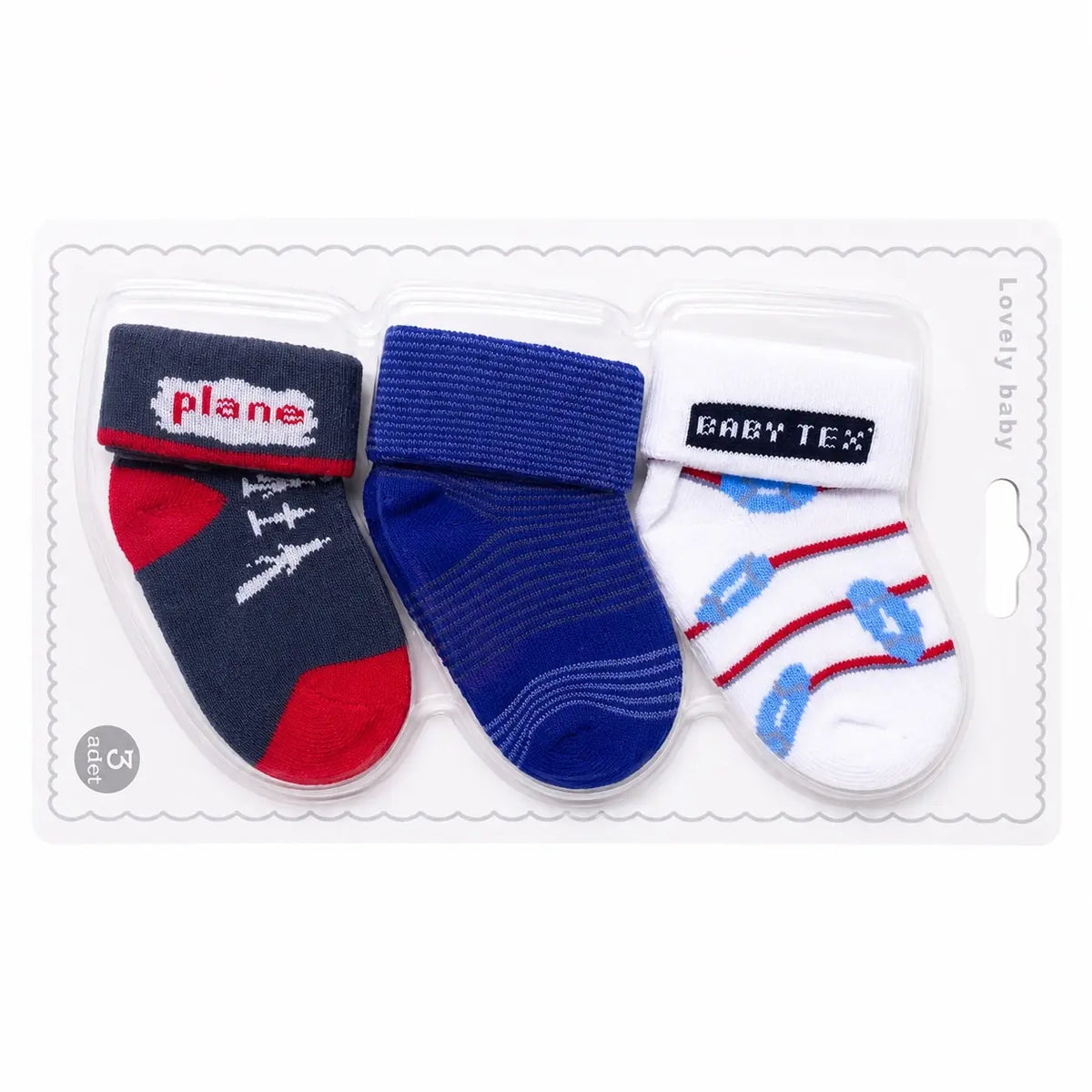 Pack of 3 baby boys cotton socks in navy blue, royal blue and white plane designs