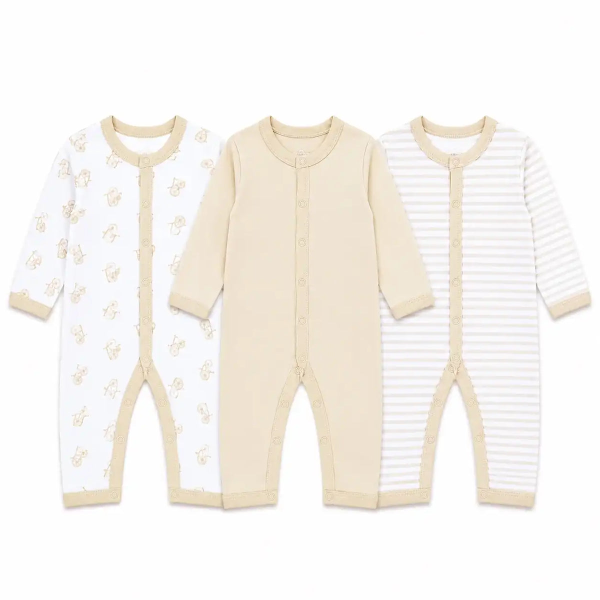 Pack of 3 full sleeve baby rompers in printed, solid cream beige and striped cream beige designs with front snap button closure