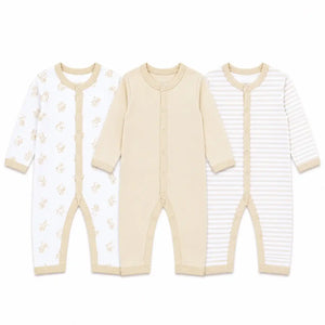 Pack of 3 full sleeve baby rompers in printed, solid cream beige and striped cream beige designs with front snap button closure