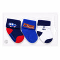 Pack of 3 baby boys cotton socks in navy blue, royal blue and white transport and anchor designs