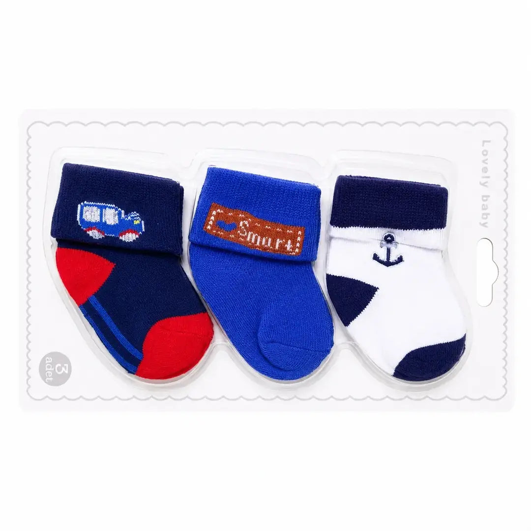 Pack of 3 baby boys cotton socks in navy blue, royal blue and white transport and anchor designs