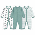 Pack of 3 full sleeve baby rompers in printed, solid sage green and striped designs with front snap button closure