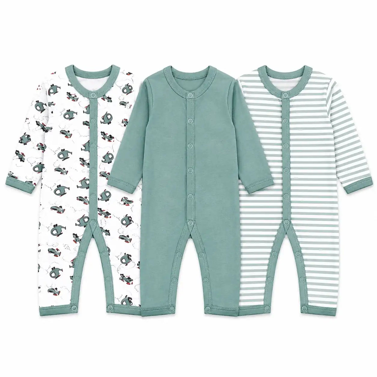 Pack of 3 full sleeve baby rompers in printed, solid sage green and striped designs with front snap button closure