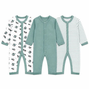 Pack of 3 full sleeve baby rompers in printed, solid sage green and striped designs with front snap button closure