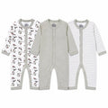 Pack of 3 full sleeve baby rompers in printed, solid light grey and striped designs with front snap button closure