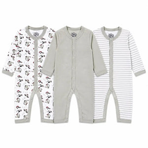 Pack of 3 full sleeve baby rompers in printed, solid light grey and striped designs with front snap button closure
