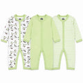 Pack of 3 full sleeve baby rompers in light green printed, solid and striped designs with snap button closure