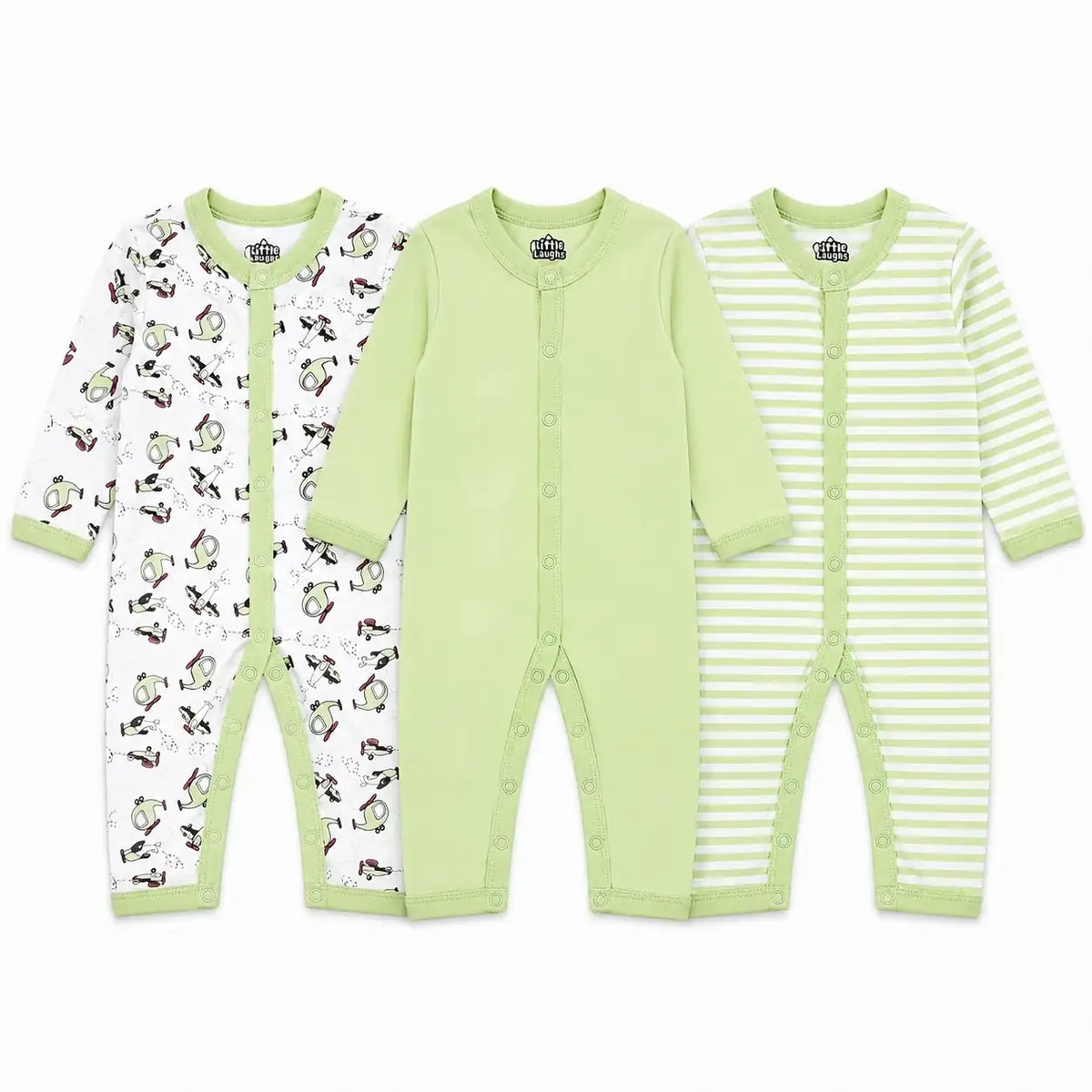Pack of 3 full sleeve baby rompers in light green printed, solid and striped designs with snap button closure