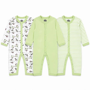 Pack of 3 full sleeve baby rompers in light green printed, solid and striped designs with snap button closure