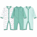 Pack of 3 full sleeve baby rompers in sailboat print, solid mint green and striped designs with front snap button closure