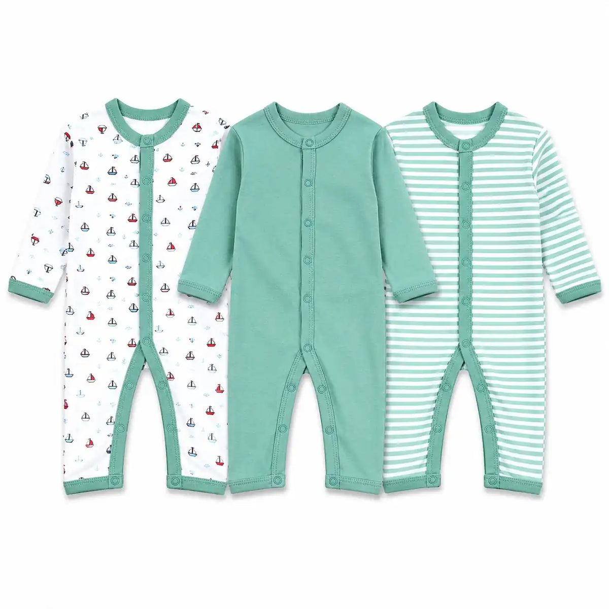 Pack of 3 full sleeve baby rompers in sailboat print, solid mint green and striped designs with front snap button closure