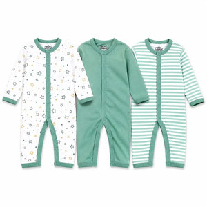 Pack of 3 full sleeve baby rompers in star print, solid sea green and striped designs with front snap button closure