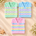 Pack of 3 multicolor baby woolen knitted sleeveless sweater vests in mint green, sky blue and pink with pastel stripes