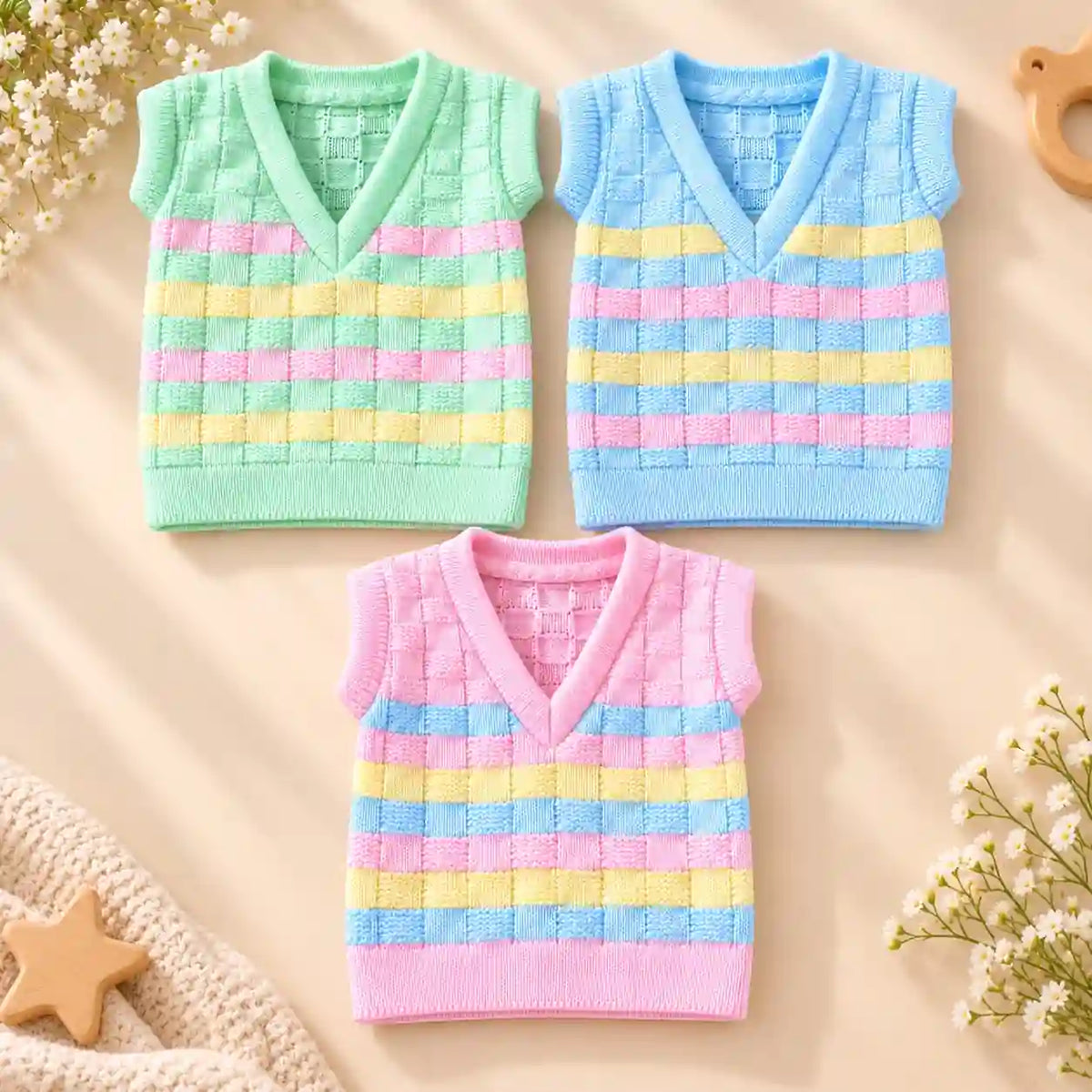 Pack of 3 multicolor baby woolen knitted sleeveless sweater vests in mint green, sky blue and pink with pastel stripes
