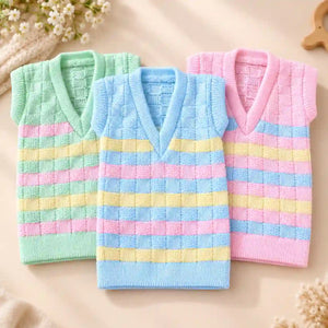 Pack of 3 multicolor baby knitted V-neck sweater vests with textured check pattern arranged in overlapping style