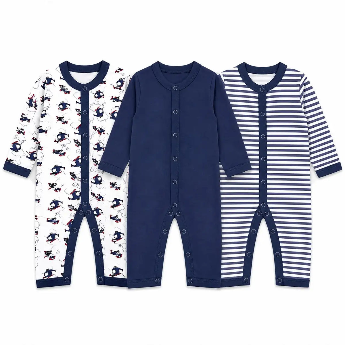 Pack of 3 full sleeve baby rompers with helicopter print, solid navy blue and striped designs with snap button closure
