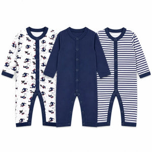 Pack of 3 full sleeve baby rompers with helicopter print, solid navy blue and striped designs with snap button closure