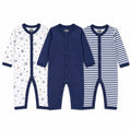 Pack of 3 full sleeve baby rompers in navy blue star print, solid and striped designs with snap button closure