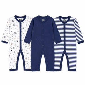 Pack of 3 full sleeve baby rompers in navy blue star print, solid and striped designs with snap button closure