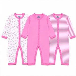 Pack of 3 full sleeve baby rompers in butterfly print, solid pink and pink striped designs with front snap button closure