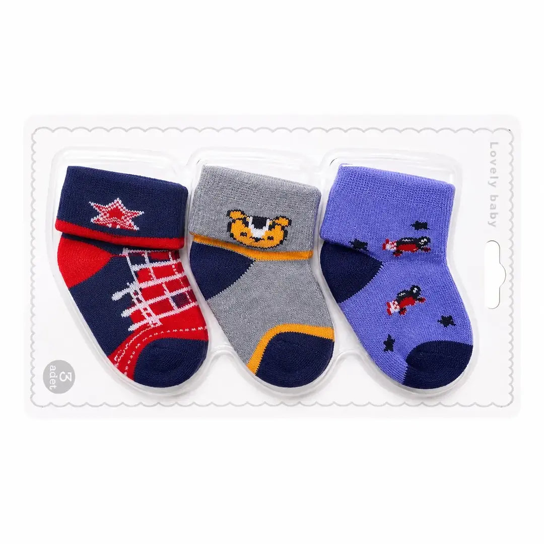 Pack of 3 baby boys cotton socks in assorted navy blue, grey and purple cartoon designs