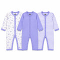 Pack of 3 full sleeve baby girl rompers in lavender butterfly, solid and striped designs with snap button closure