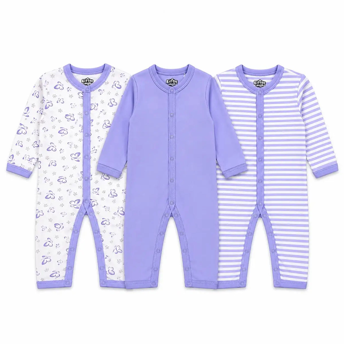 Pack of 3 full sleeve baby girl rompers in lavender butterfly, solid and striped designs with snap button closure