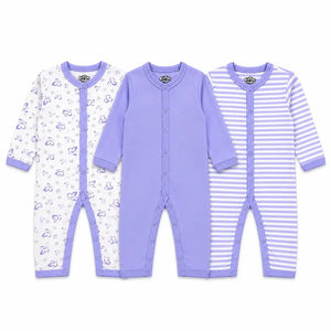Pack of 3 full sleeve baby girl rompers in lavender butterfly, solid and striped designs with snap button closure