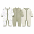 Pack of 3 full sleeve baby rompers in star print, solid sage green and striped designs with front snap button closure