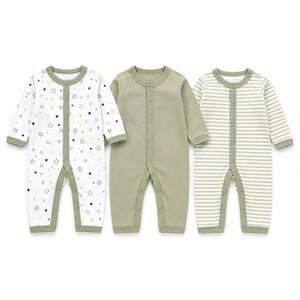 Pack of 3 full sleeve baby rompers in star print, solid sage green and striped designs with front snap button closure