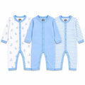 Pack of 3 full sleeve baby rompers in sky blue printed, solid and striped designs with snap button closure